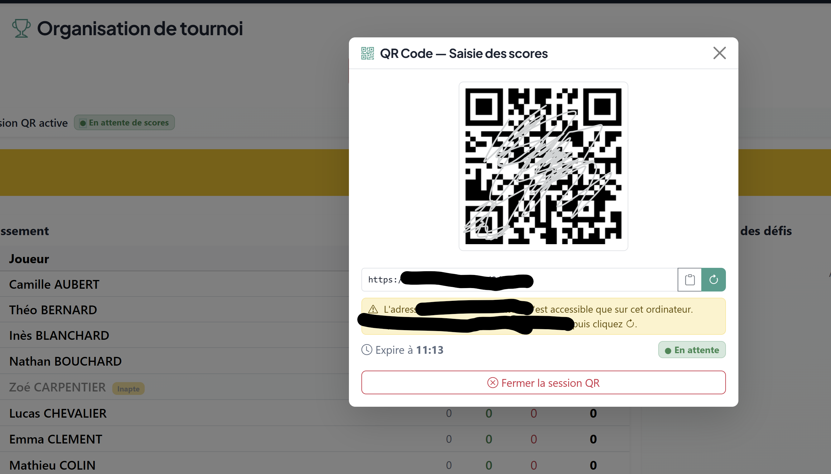 QR code pour enregistrer les match dans un tournoi par les élèves sur un autre appareil
